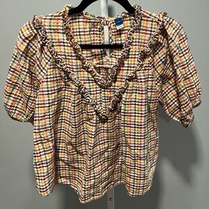 Old Navy Multicolor Plaid Waffle Knit Flowy Peasant Ruffle Oversized Top Size XS